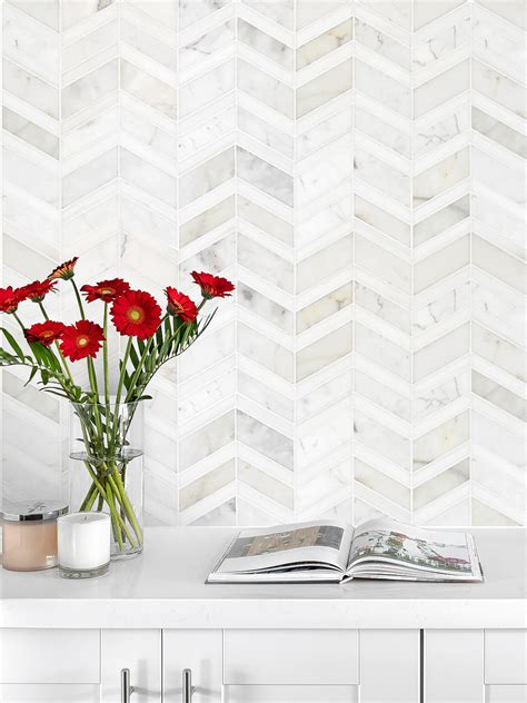 White Gray Gold Chevron Marble Mosaic Backsplash Tile