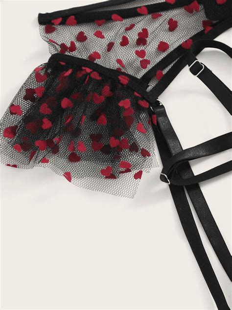 Heart Print Garter Sheer Lingerie Set SHEIN UK