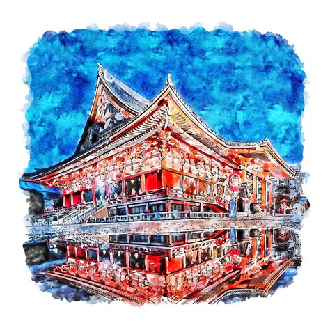 Sensoji Tempel Asakusa Japan Aquarellskizze Handgezeichnete