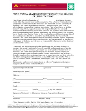 Fillable Online Extension Umn CONSENT AND RELEASE OF LIABILITY FORM