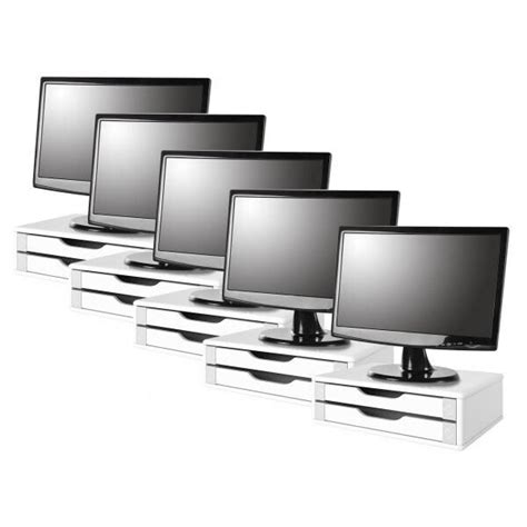 Conj 5 Suportes Para Monitor Em MDF Branco 2 Gavetas Brancas