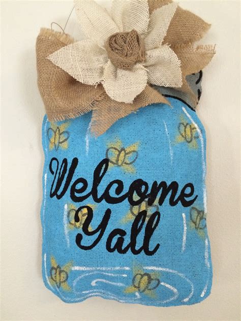 Mason Jar Burlap Door Hanger Fireflies Welcome Yall