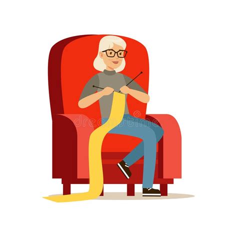 Beautiful Senior Woman Sitting In The Armchair And Knitting Vector Illustration Stock Vector