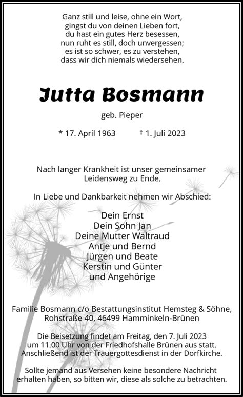 Alle Traueranzeigen für Jutta Bosmann trauer rp online de