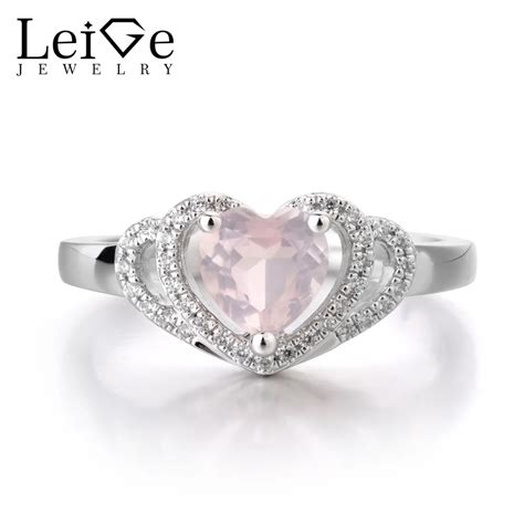 Leige Jewelry Natural Pink Quartz Ring Heart Shape Wedding Bands