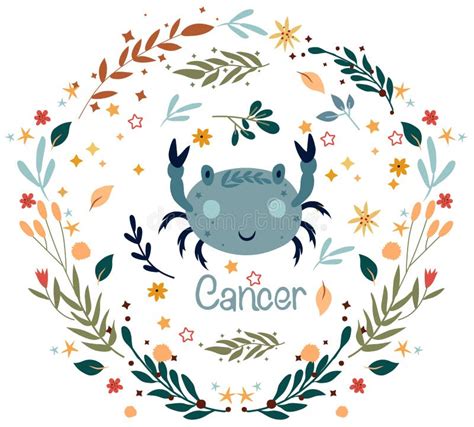 Cancer Cute Zodiac In A Colorful Wreath Of Leaves Flowers And Stars