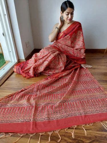 Hand Block Printed Chanderi Silk Sarees M With Blouse Piece At