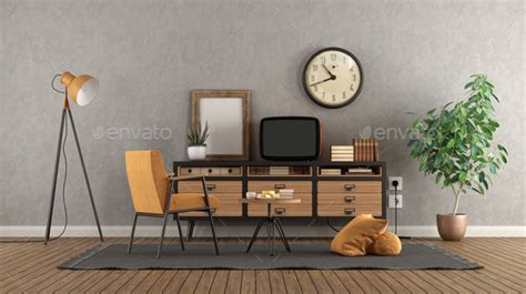 Retro living room with old tv on vintage sideboard Stock Photo by ...