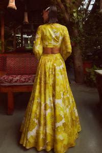 Buy Yellow Crepe Printed Floral Motifs V Riya Lehenga And Balloon