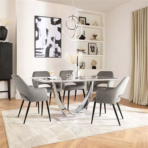 Peake Dining Table And 4 Clara Chairs Grey Marble Effect And Chrome Grey Classic Velvet And Black