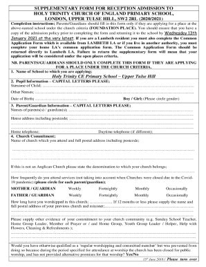 Fillable Online Supplementary Form For Reception Admission To Holy