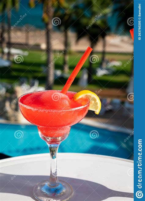 Colourful Cold Strawberry Daiquiri Cocktail Drink Served In Glass At