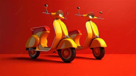 Scooter De Entrega Sobre Fondo Rojo En 3d Con Tono Amarillo Rueda De Bicicleta Ilustración De