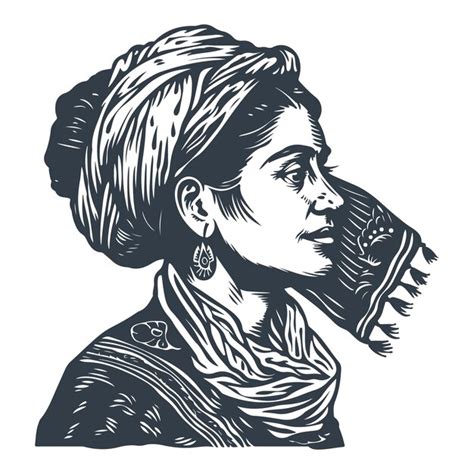 Mexican woman in traditional dress portrait vintage woodcut drawing ...