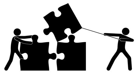 Teamwork Two People Stick Figure Build Together With Puzzle Pieces