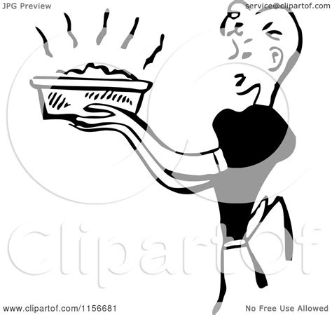 Clipart of a Black and White Retro Housewife Carrying a Fresh Casserole ...