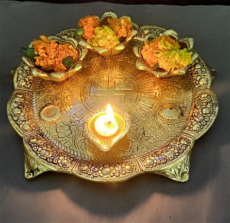 Metal Pooja Thali With Attached Diya Bowl For Home And Etsy