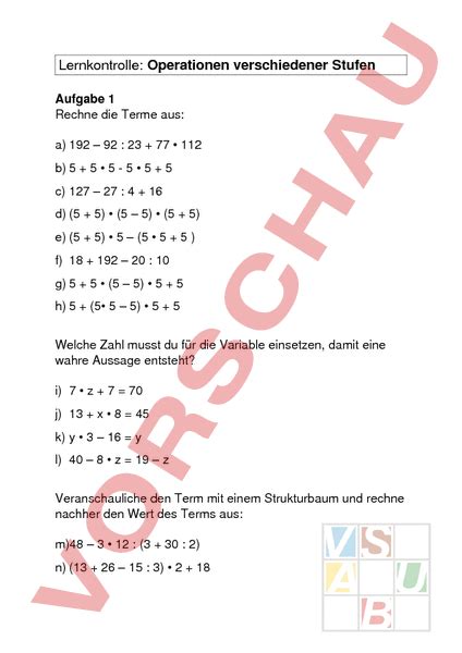 Arbeitsblatt Lernkontrolle Operationen Mathematik Gemischte Themen