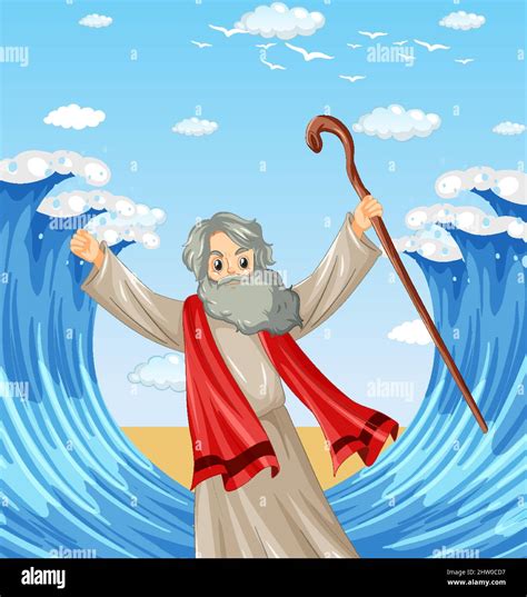 Moses Cartoon Character With Red Sea Background Illustration Stock