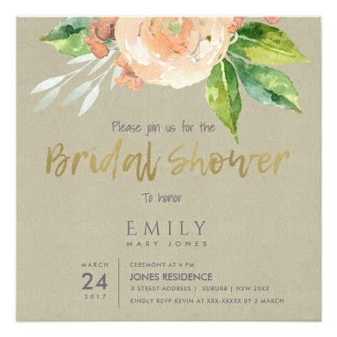 Watercolour Peach Flower Foliage Bridal Shower Invitation With Images Bridal