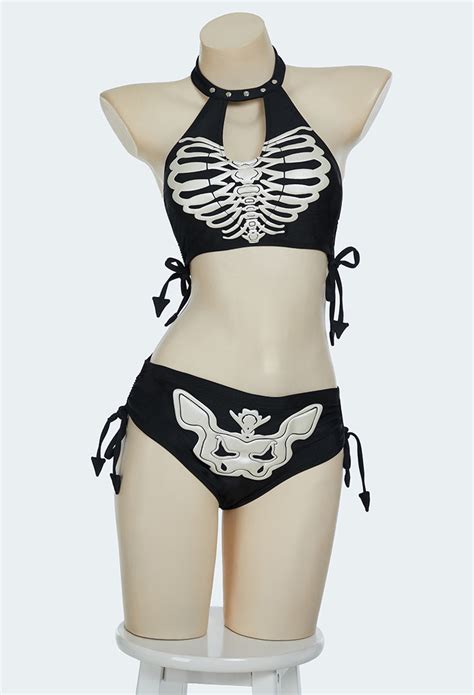 Women Gothic Black Skull Print Two Piece Swimsuit Halter Top And Briefs Bikini Set Bathing