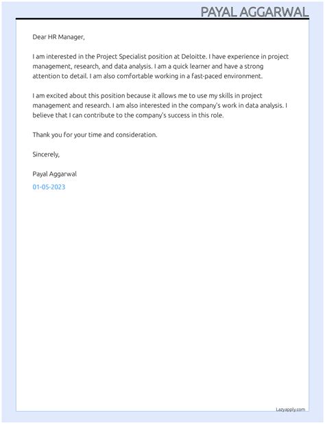 Cover Letter For Project Specialist Lazyapply