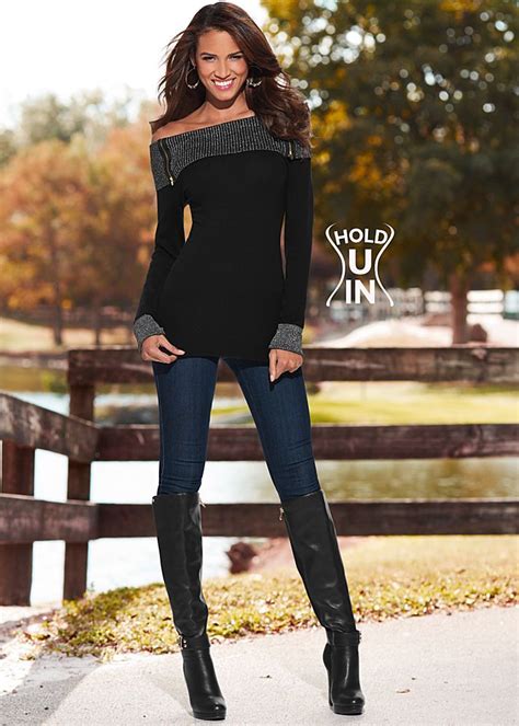 Black Multi Lurex Tunic Sweater Stretch Jegging Over The Knee Boot