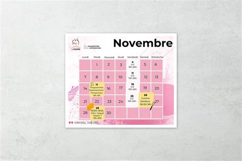 Le calendrier du mois de novembre 