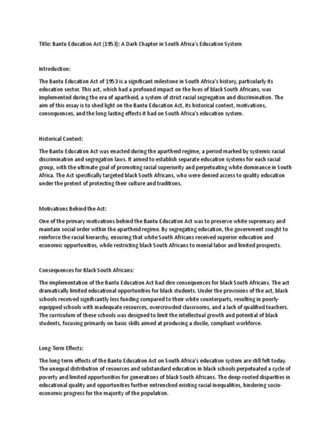 Bantu Education Essay | PDF | Apartheid | South Africa