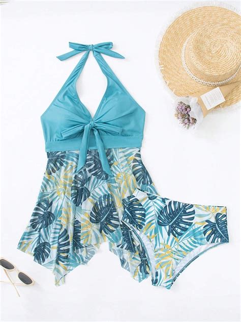 Дамски бански с тропически десен Tropical Print Knot Front Halter Bikini Swimsuit EMMA