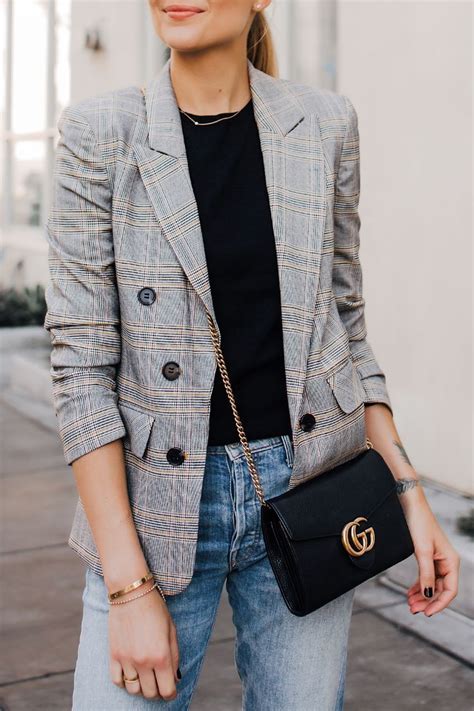 Woman Wearing Plaid Blazer Outfit Jeans Gucci Black Handbag Fashion