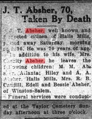 John Tolbert Absher 1864 1934 Find A Grave Memorial