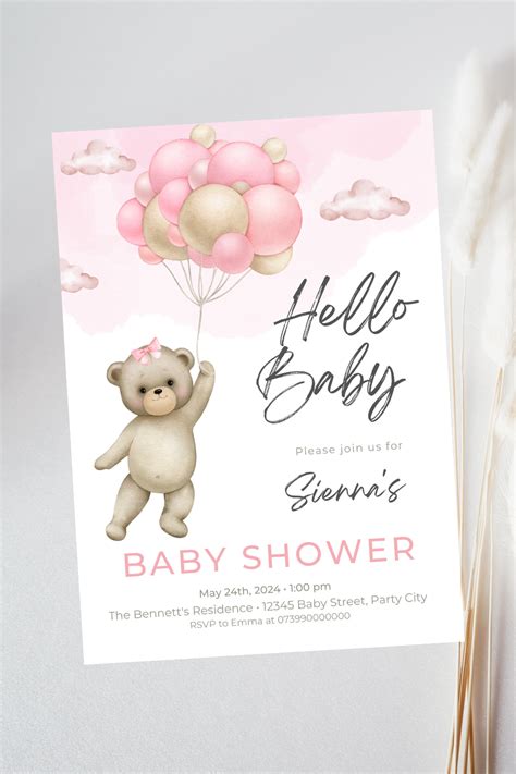 Editable Teddy Bear Hot Air Balloon Baby Shower Welcome Sign Pink Girl Bear Theme Welcome Sign
