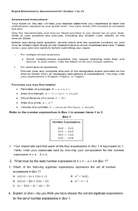 Rapid Mathematics Assessment for Grades 7-10: Test Instructions and
