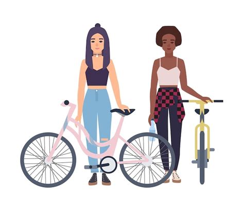 Meninas Modernas Em P Bicicletas Ilustra O Em Vetor Plana