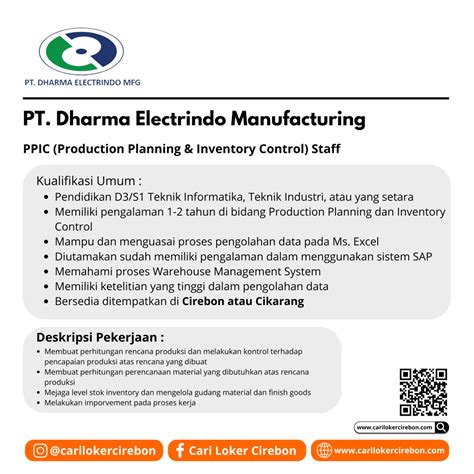 Lowongan Kerja Terbaru Posisi PPIC Staff Di PT Dharma Electrindo