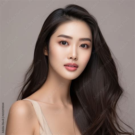 Young Asian Beauty Woman Model Long Hair With Korean Makeup Style Face