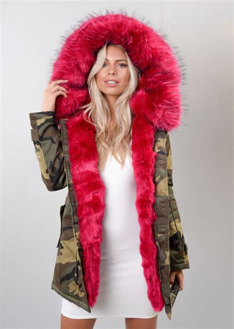 Hot Pink Faux Fur Hooded Parka Coat Camo Green Faux Fur Hooded Parka