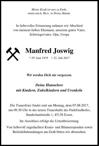 Traueranzeigen Von Manfred Joswig Trauer In Nrw De