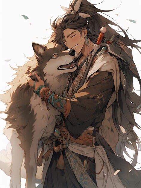 Premium Photo | Anime character with long hair hugging a wolf with feathers flying around ...