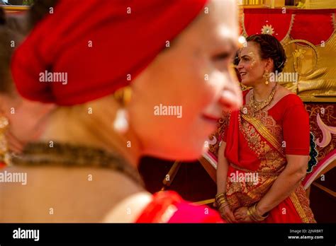 Moscow Russia 13th Of August 2022 Russian Women In Indian National Costumes Sing Hare