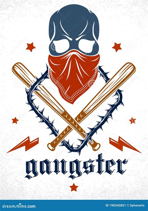 Gang Brutal Criminal Emblem Or Logo With Aggressive Skull Baseball Bats