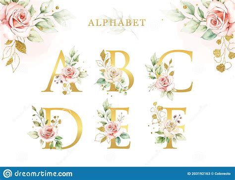 Waterkleurige Florale Alfabet Set Van Aa B C D E F Met Gouden Bladeren