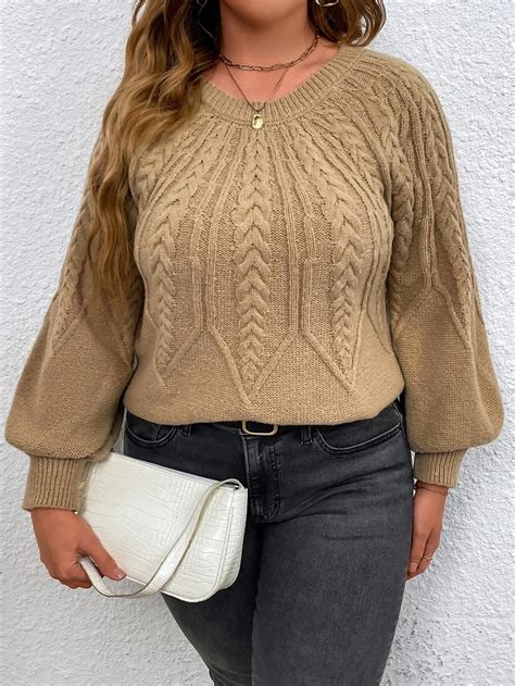 Shein Priv Plus Cable Knit Lantern Sleeve Sweater Shein Usa