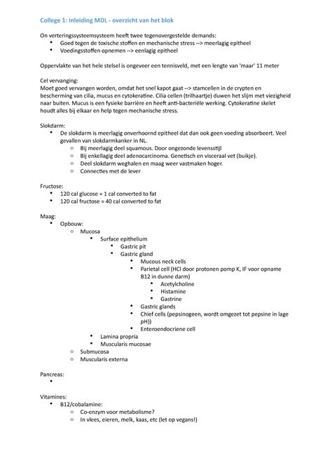 Spijsvertering Samenvatting Alle Colleges College Inleiding Mdl