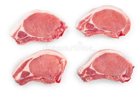 Sliced Raw Pork Meat Isolated On White Background Set Or Collection