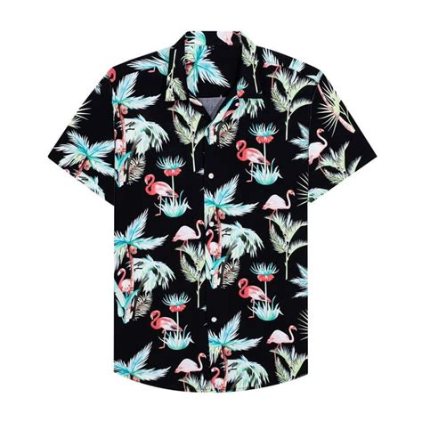 Alimens And Gentle Mens Hawaiian Cotton Shirt Tropical Print Flamingo