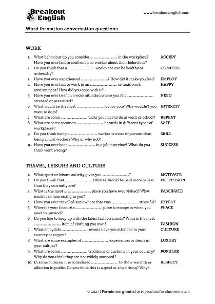 Word Formation Exercises Conversation Questions Breakout English