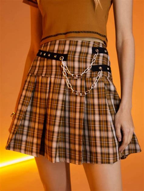 ROMWE Aries Plaid Grommet Eyelet Chain Pleated Skirt SHEIN EUR Romwe