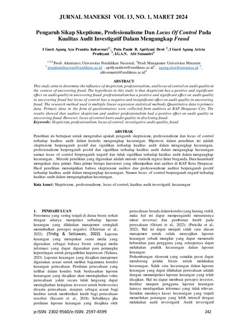 Pdf Pengaruh Sikap Skeptisme Profesionalisme Dan Locus Of Control